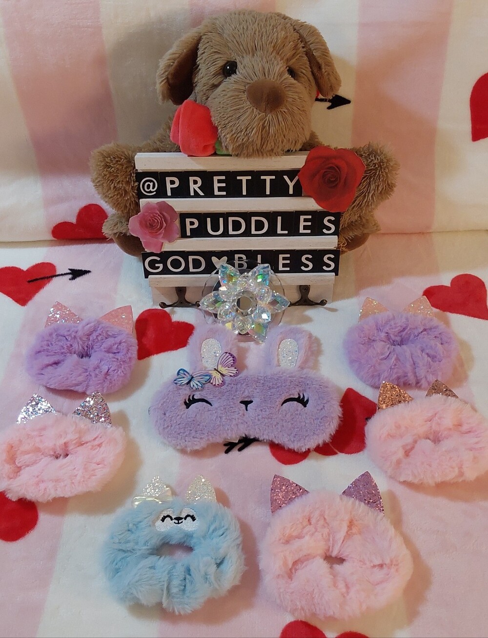 💕 7pc Fun Faux Fur & Glitter Cute Animal Ears Set- 1 Eye Mask & 6 Scrunchies 💕